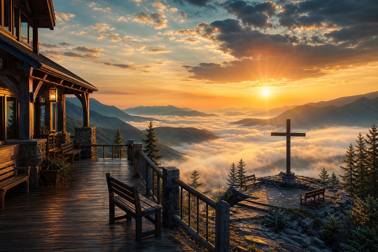 A mountain deck at sunrise with a wooden cross above the clouds