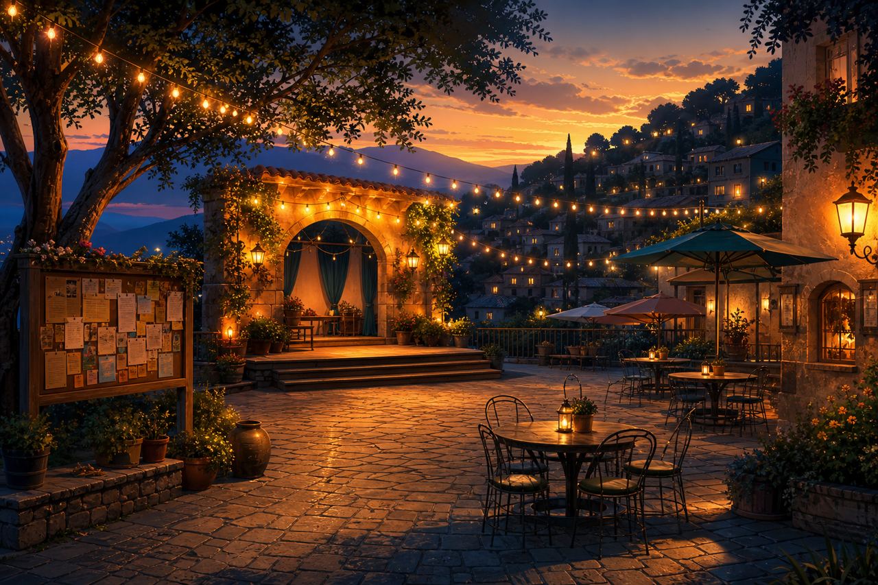 A warm event plaza at twilight